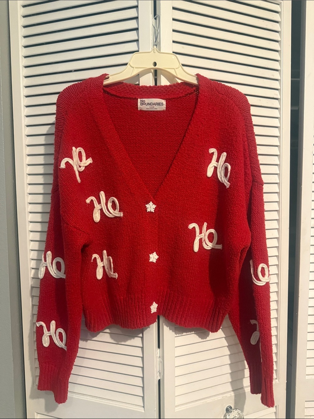 No Boundaries Red V-Neck Holiday 'Ho' Embroidered Cardigan